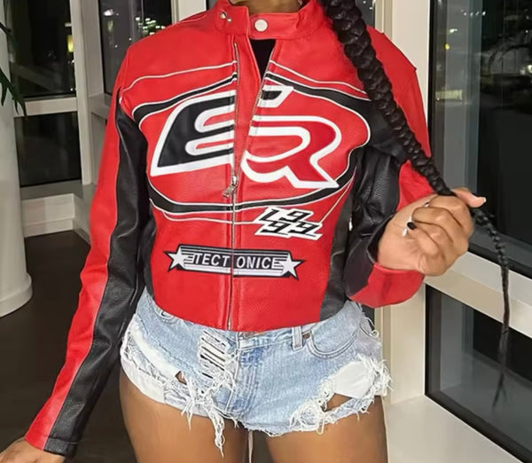 Women Color Fashion PU Jacket Two Piece Short Set