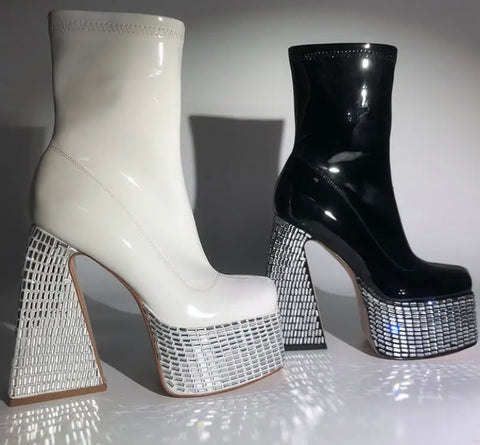 Women Bling Platform Patent Leather Fashion Ankle Boots