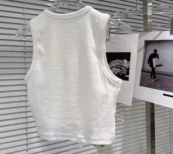 Women Fashion White Sleeveless Colorful Knit Fringe Tank Top