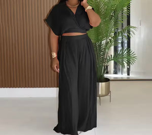 Women Color Short Sleeve Fashion Two Piece Wide Leg Pant Set