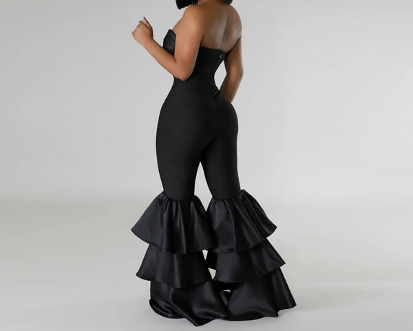 Women Black Sexy Strapless Ruffled Wide Leg Jumpsuit
