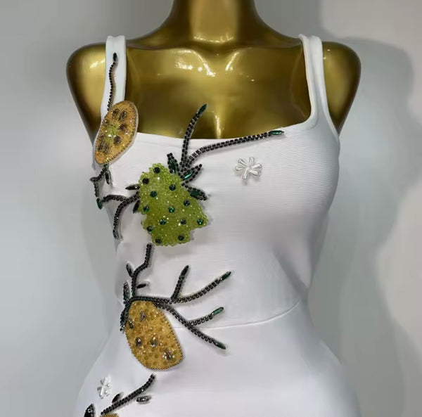 Women Sexy White Sleeveless Rhinestone Bandage Dress