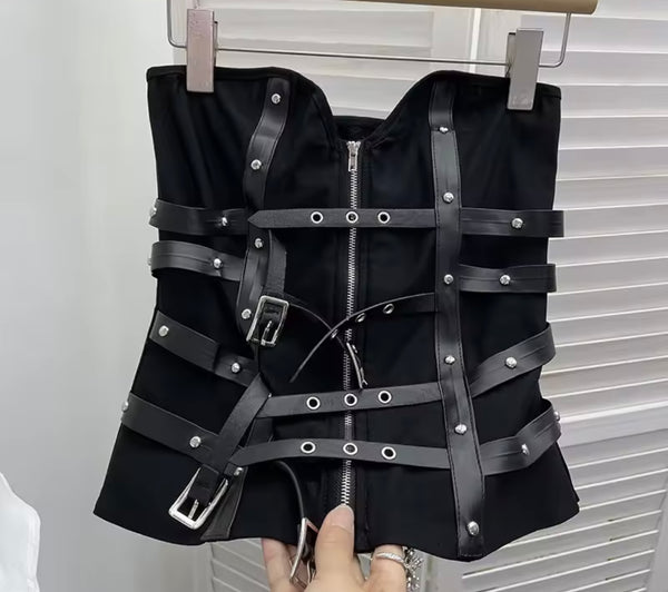 Women Strapless Zip Up Buckled Rivet Corset Top