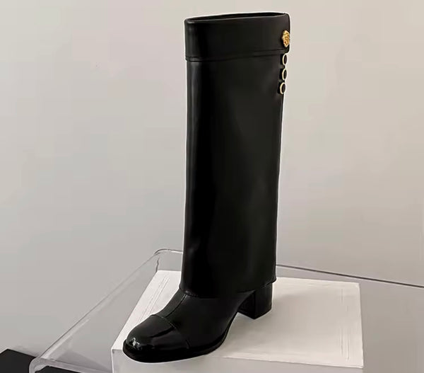 Women Fashion Faux Leather Gold Button Knee High Boots