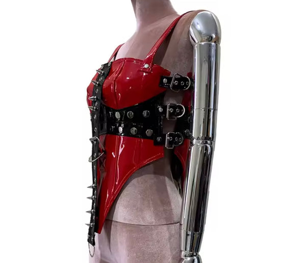 Women Red Sleeveless Fashion PU Leather Buckled Top