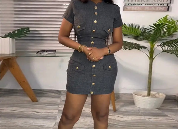 Women Sexy Fashion Short Sleeve Button Up Pocket Dress