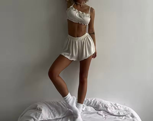 Women White Sexy Satin Ruffled Bow Lingerie Set