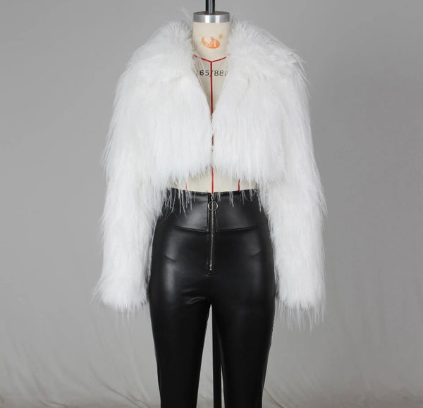 Women Solid Color Faux Fur Full Sleeve Crop Top