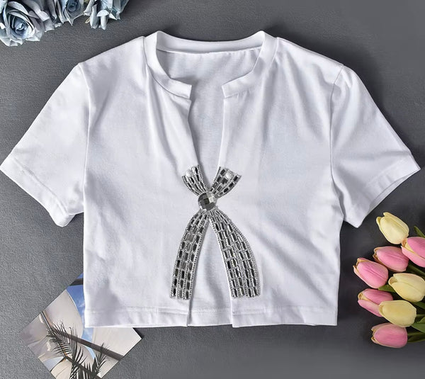 Women Fashion Short Sleeve Bling Bow Crop Top