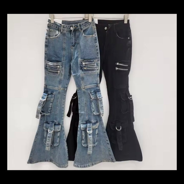 Women Fashion Zipper Cargo Boot Cut Denim Pants