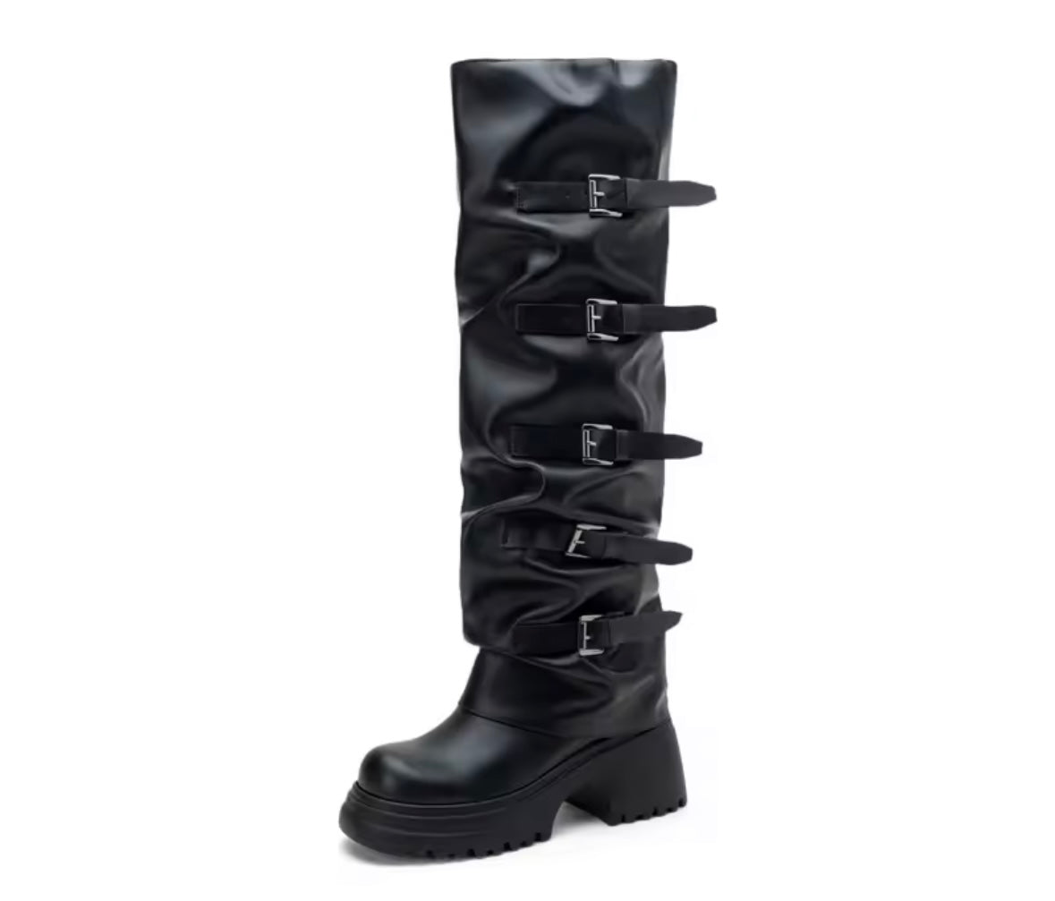 Women Black Buckled Platform Fashion Knee High Boots
