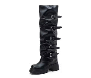 Women Black Buckled Platform Fashion Knee High Boots
