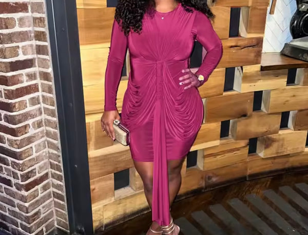 Women Sexy Draped Ruche Tassel Full Sleeve Dress