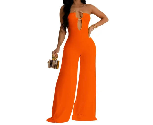 Women Sexy Strapless Metal V-Neck Wide Leg Jumpsuit