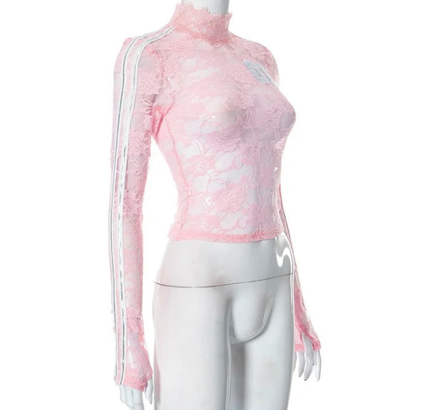 Women Pink Lace Sexy Fashion Full Sleeve Crop Top