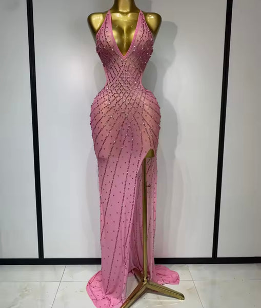 Women Pink Halter Sleeveless Color Rhinestone Mesh Maxi Dress