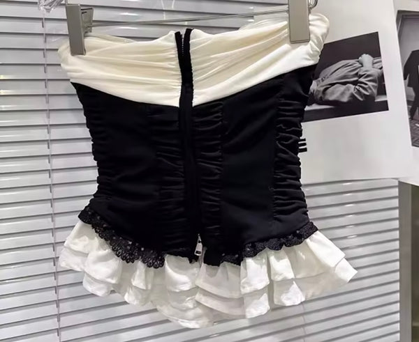 Women Ruffled Strapless Color Patchwork Two Piece Skirt Set