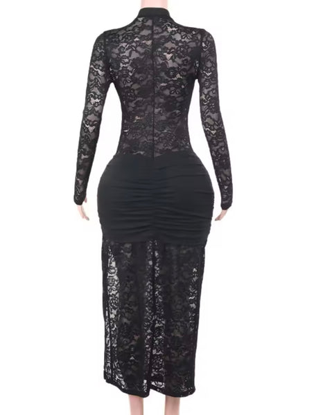 Women Sexy Black Lace Cut Out Full Sleeve Side Split Maxi Dress