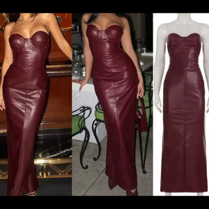 Women Sexy Strapless Burgundy Faux Leather Maxi Dress