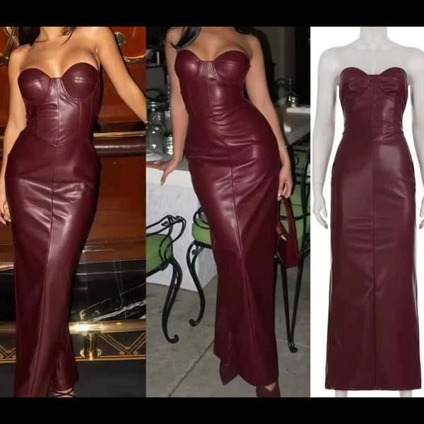Women Sexy Strapless Burgundy Faux Leather Maxi Dress