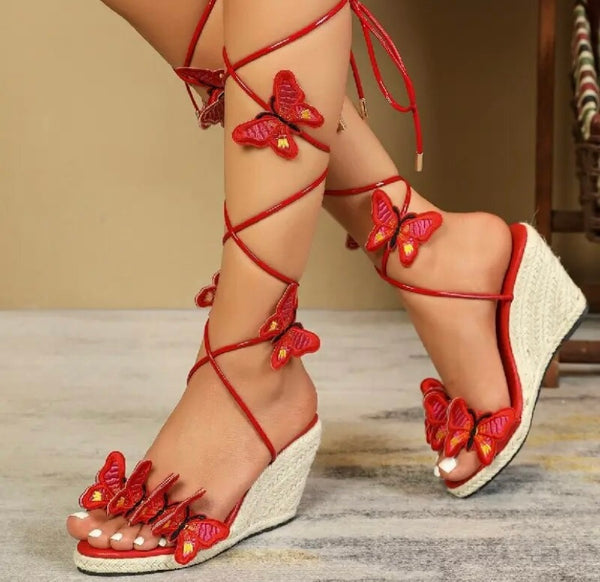 Women Fashion Butterfly Wedge Platform Lace Up Sandals