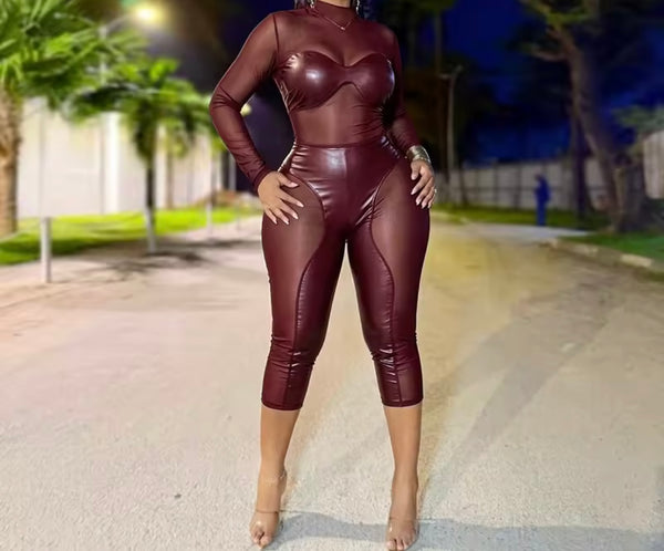 Women Sexy Fashion PU Mesh Patchwork Full Sleeve Capri Jumpsuit