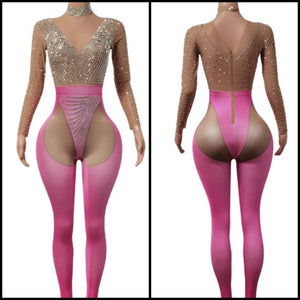 Women Sexy Pink Bling Mesh Full Sleeve Jumpsuit