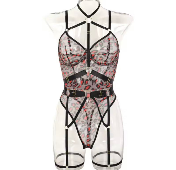 Women Sexy Color Leopard Print Mesh Bodysuit Lingerie