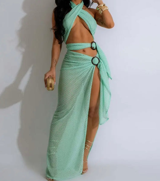 Women Sexy Halter Sleeveless See Through Two Piece Skirt Set