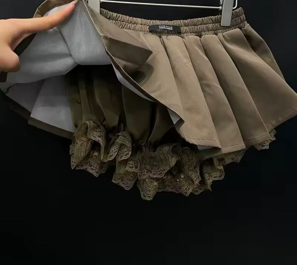 Women Brown Button Buckled Windbreaker Two Piece Pleated Skirt Set