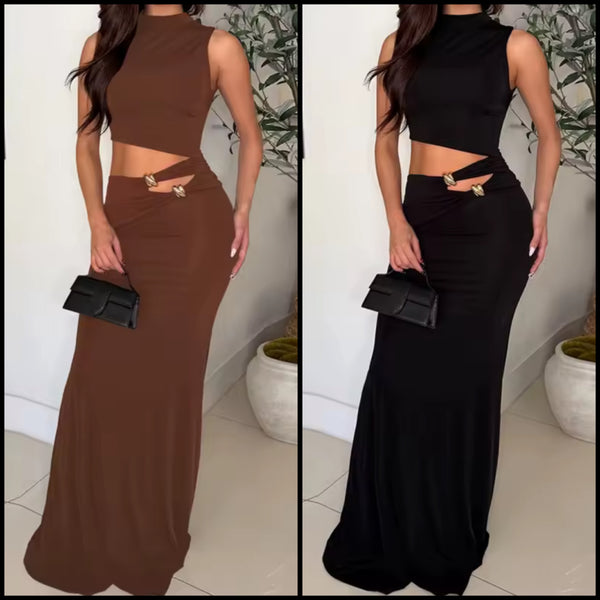 Women Sexy Sleeveless Cut Out Side Maxi Dress