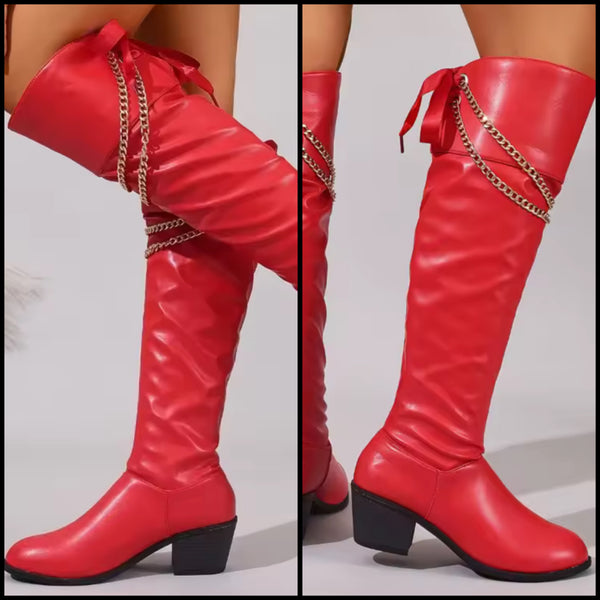 Women Fashion Red Chain Faux Leather Knee High Boots