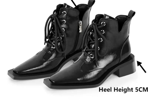 Women Pointed Toe Patent Leather Lace Up Flat Ankle Boots