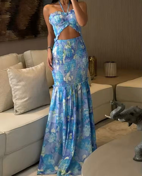 Women Sexy Sleeveless Tropical Print Cut Out Maxi Dress
