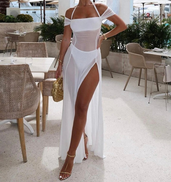 Women Sexy White Mesh Halter Off The Shoulder Maxi Dress