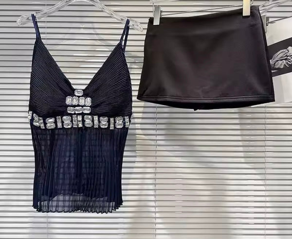 Women Bling Sleeveless Tank Two Piece Sexy Skirt Set