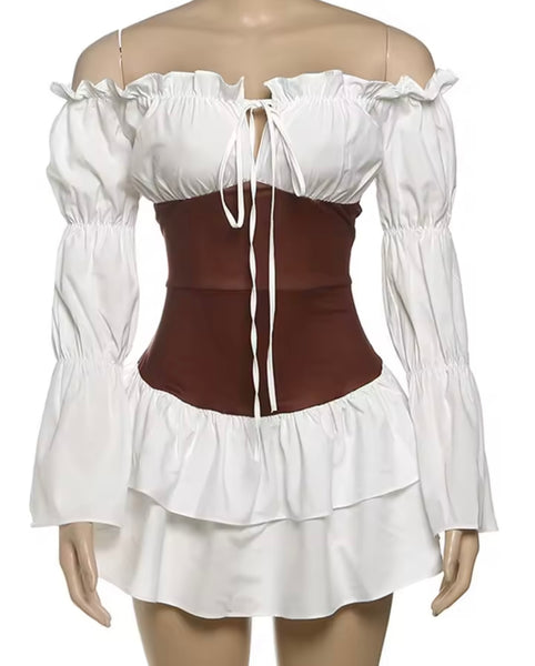 Women Sexy Off The Shoulder Ruffled Full Sleeve Color Block Dress