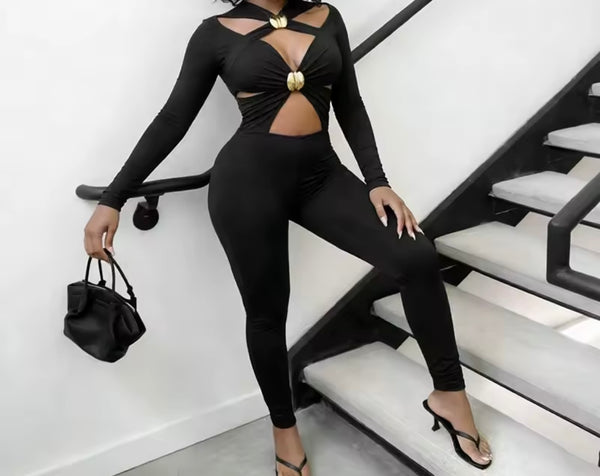 Women Sexy Metal Cut Out Full Sleeve Jumpsuit