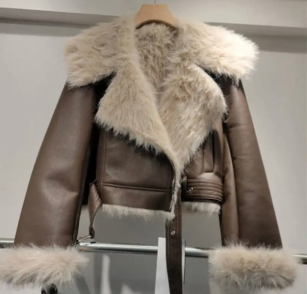 Women Fashion Warm Fur Faux Leather Jacket