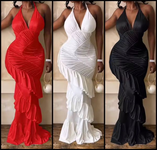 Women Sexy Halter Sleeveless Ruffled Maxi Dress