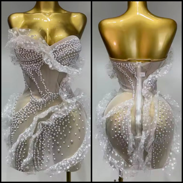 Women White Sexy Strapless Pearl Ruffle Mesh Dress