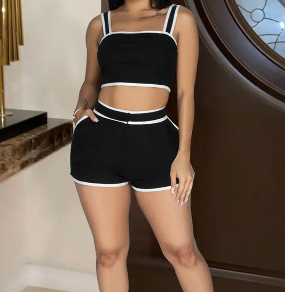 Women B&W Sexy Sleeveless Crop Two Piece Short Set