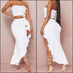 Women White Sexy Strapless Ruffled Two Piece Maxi Skirt Set