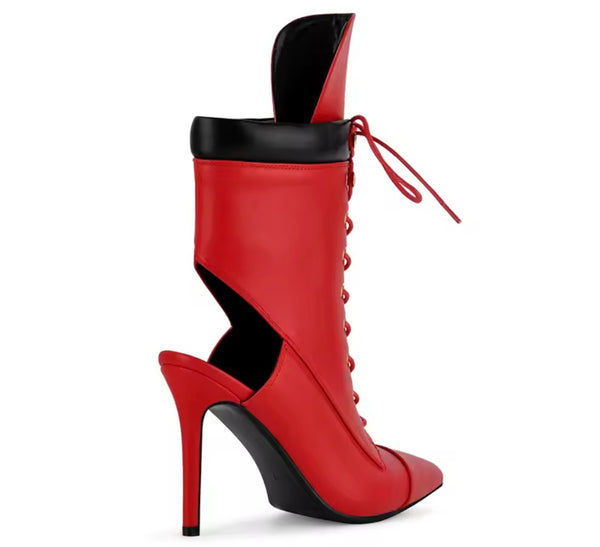 Women Fashion Pointed Toe Lace Up Cut Out High Heel Ankle Boots