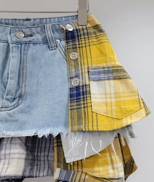 Women Fashion Colorful Plaid Patchwork Denim Skirt