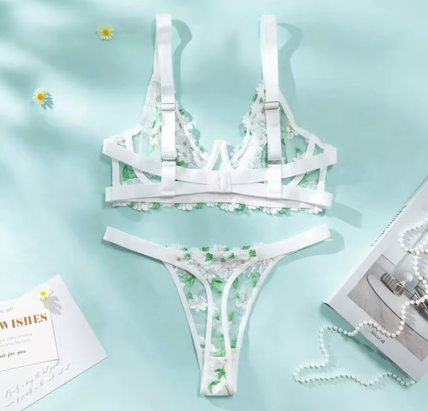 Women White Sexy Green Floral Mesh Lingerie Set