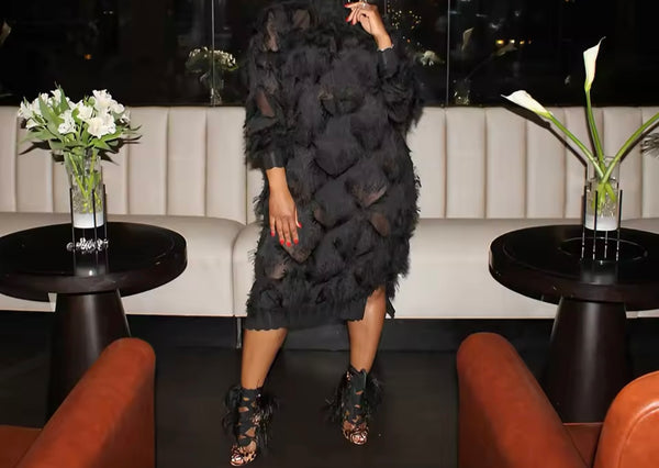 Women Sexy Black Full Sleeve Fringe See Through Dress