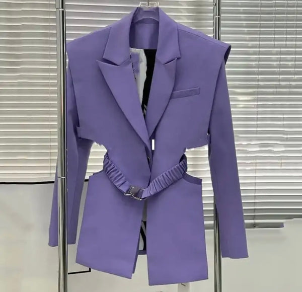 Women Purple Belted Fashion Blazer Top