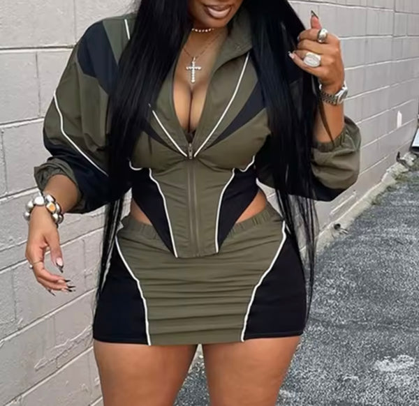 Women Fashion Full Sleeve Zip Up Color Patchwork Two Piece Skirt Set