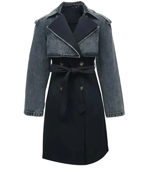 Women Fashion Denim Patchwork Trench Jacket